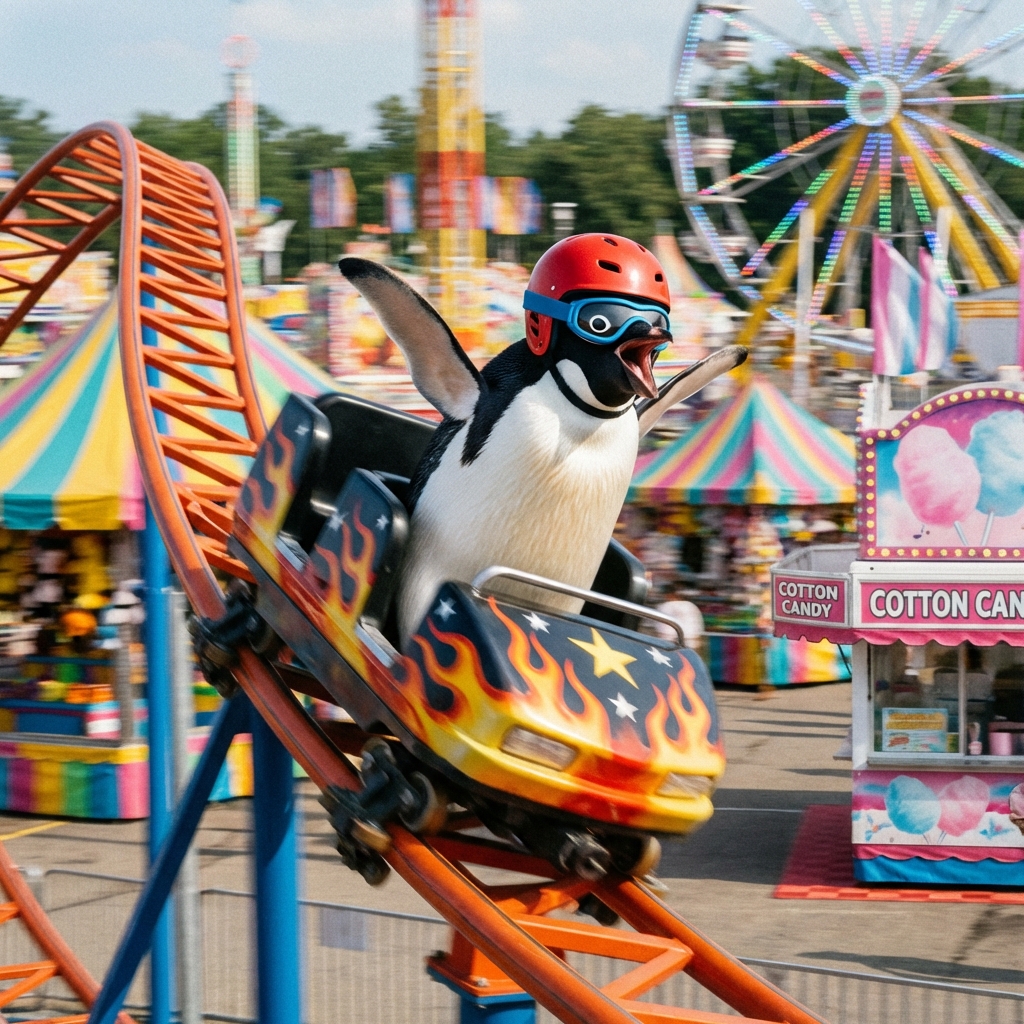 产品视觉 GPT Image 2 提示词：Penguin on a Carnival Roller Coaster