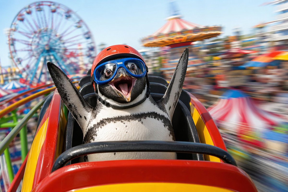 界面稿 GPT Image 2 提示词：Penguin Roller Coaster Ride