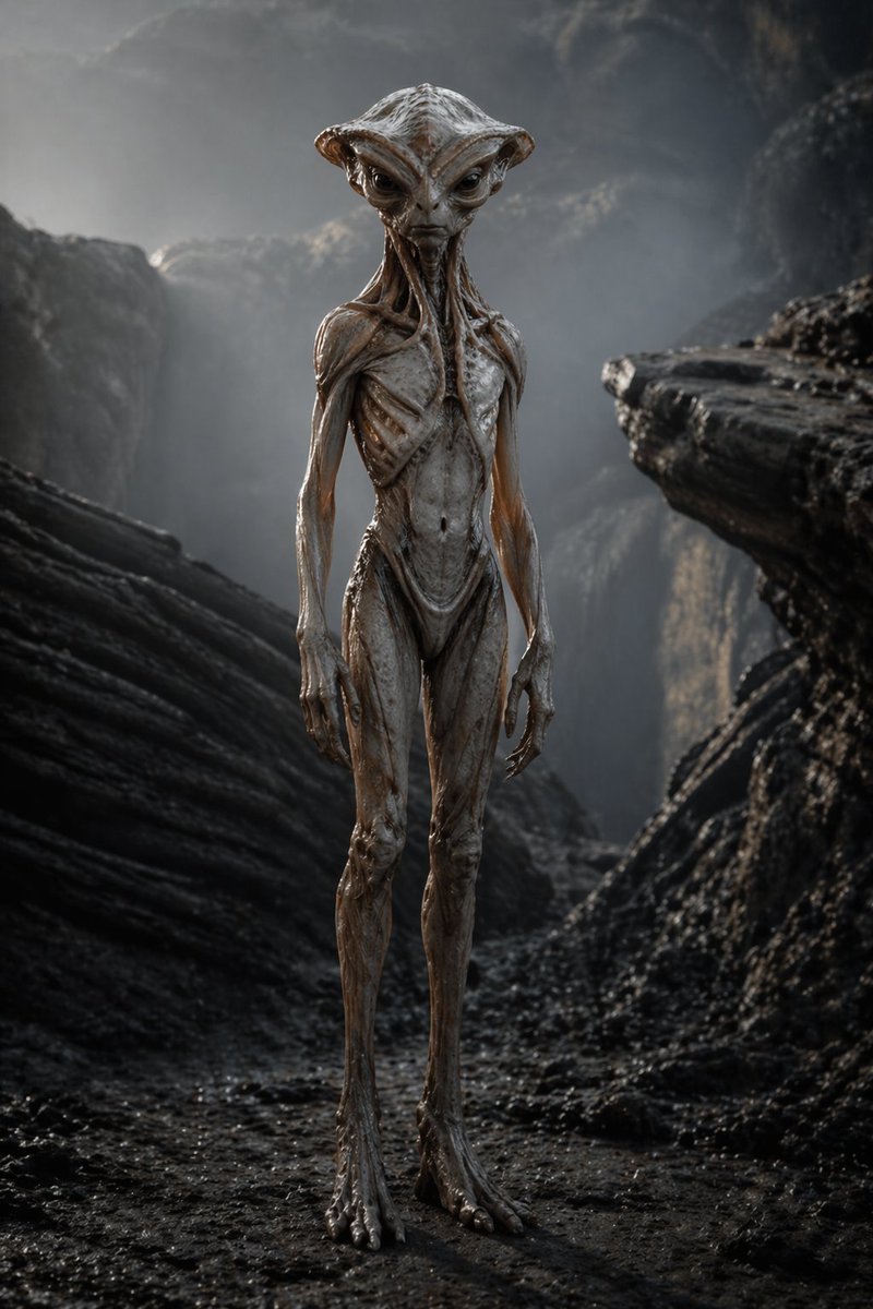 产品视觉 GPT Image 2 提示词：Photoreal Alien in Dark Ravine