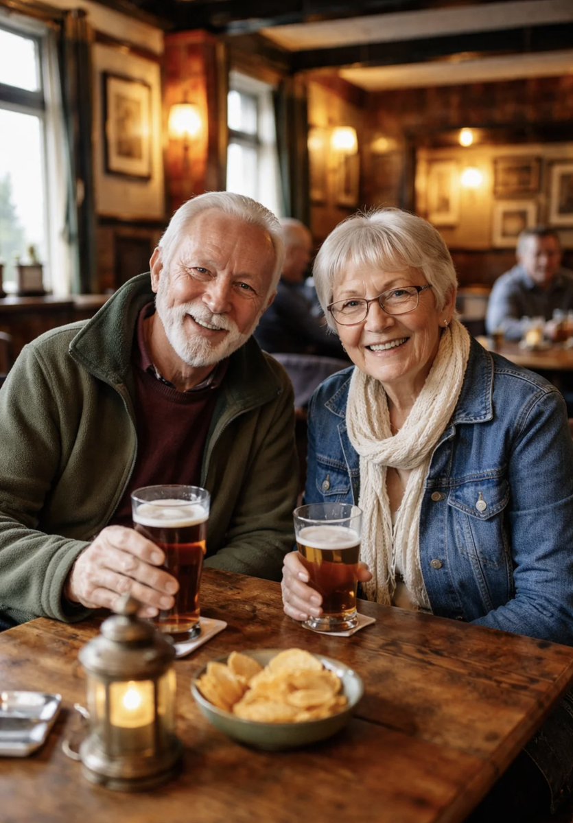 角色设定 GPT Image 2 提示词：Photorealistic Older Couple in a Pub