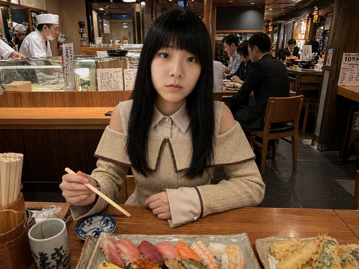 界面稿 GPT Image 2 提示词：Photorealistic Sushi Counter Dinner Portrait