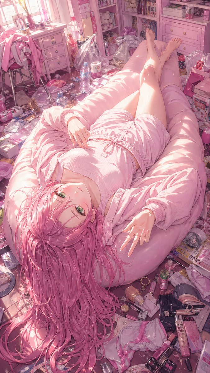产品视觉 GPT Image 2 提示词：Pink Anime Girl in a Messy Bedroom