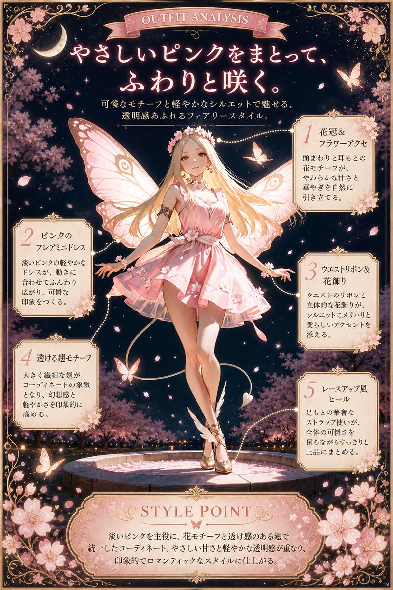 产品视觉 GPT Image 2 提示词：Pink Fairy Outfit Analysis Poster
