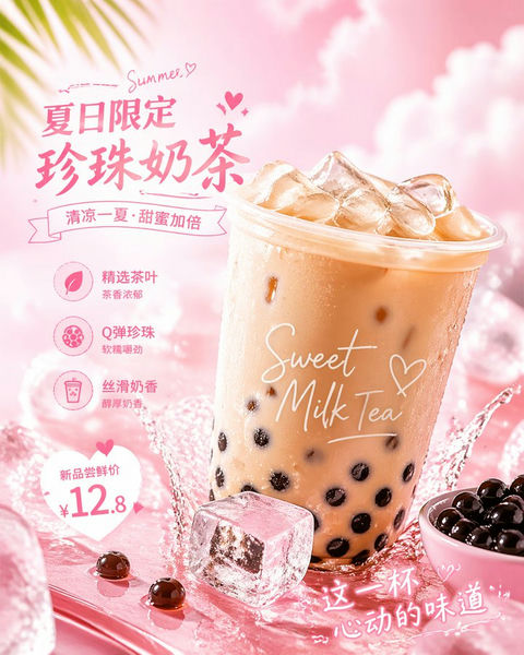 产品视觉 GPT Image 2 提示词：粉色少女风珍珠奶茶特写广告
