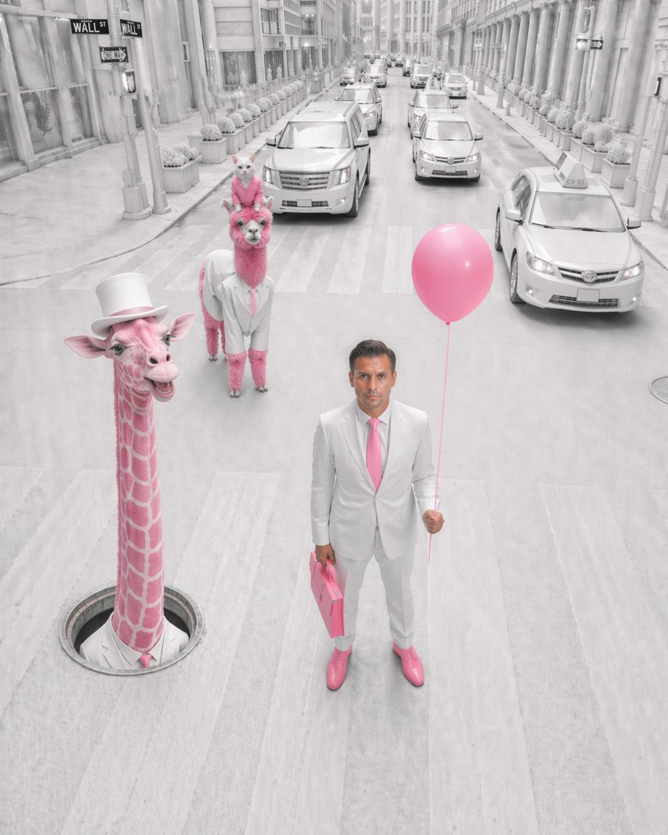 产品视觉 GPT Image 2 提示词：Pink Surreal Wall Street Fashion Scene
