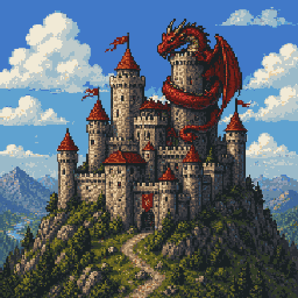 产品视觉 GPT Image 2 提示词：Pixel Art Dragon Castle