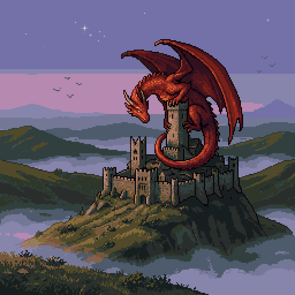 产品视觉 GPT Image 2 提示词：Pixel Art Dragon on Castle