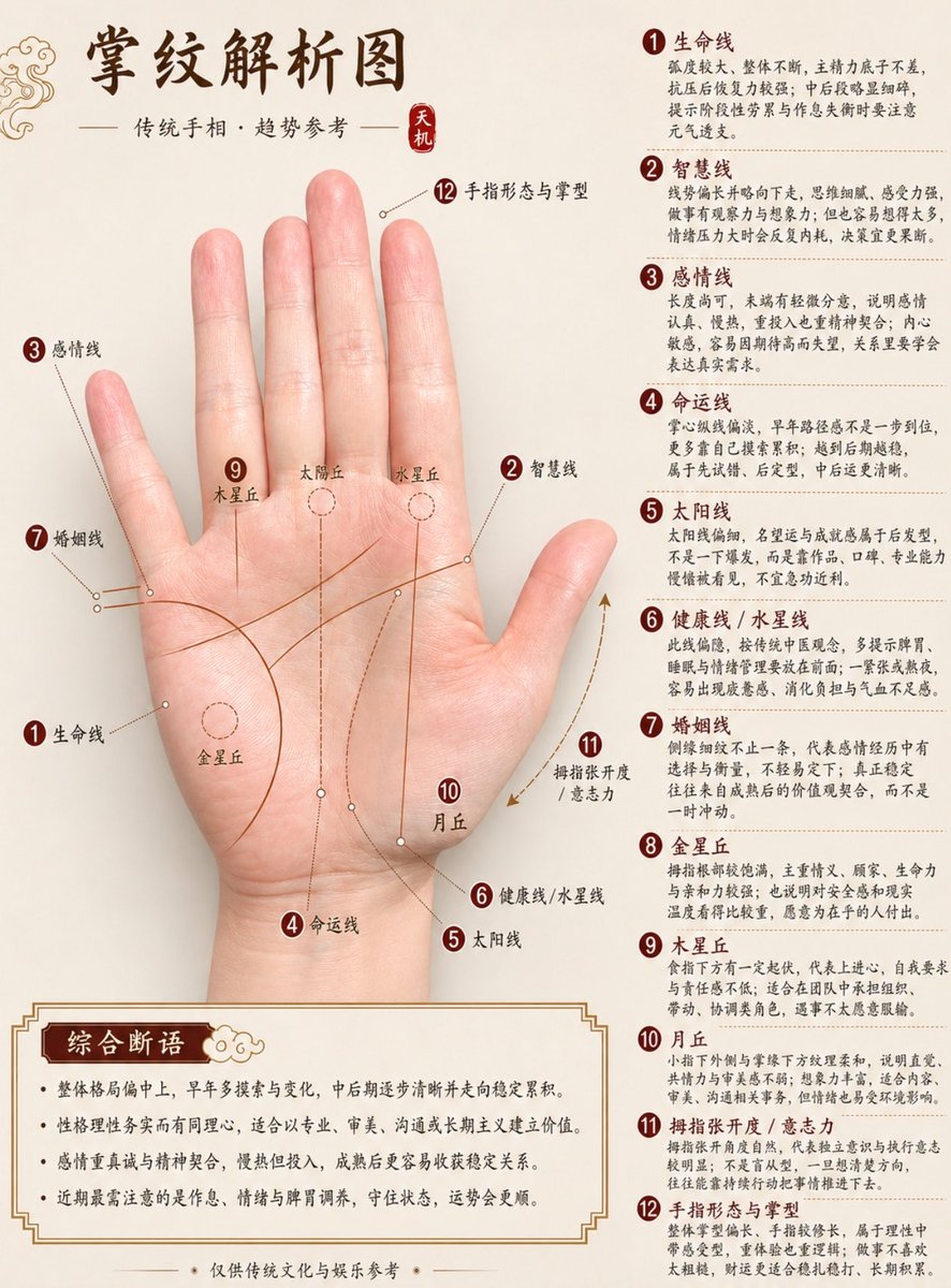 产品视觉 GPT Image 2 提示词：Professional Chinese Palmistry Analysis Chart