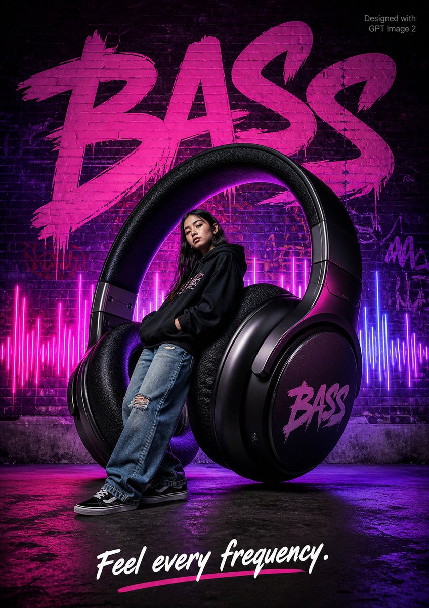 电商广告 GPT Image 2 提示词：街头风 BASS 耳机海报