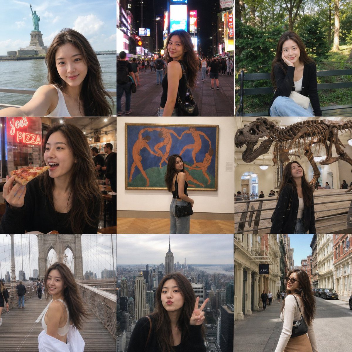 日常生活 GPT Image 2 提示词：纽约旅游 social media app 九宫格