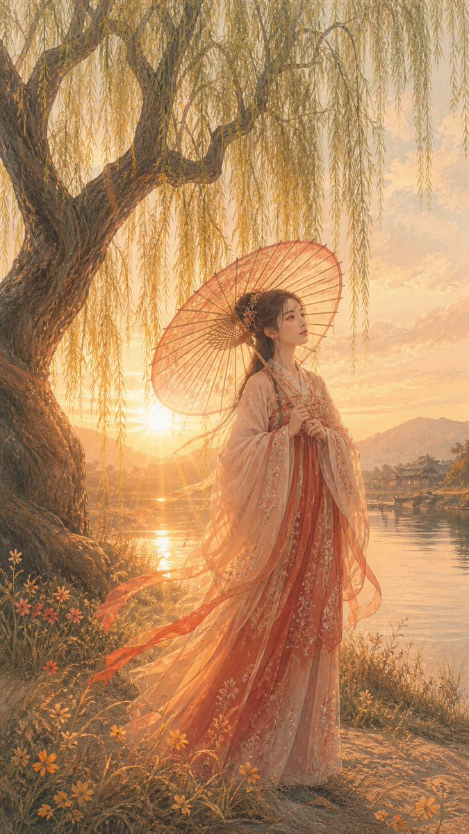 游戏影视 GPT Image 2 提示词：柳湖汉服夕照