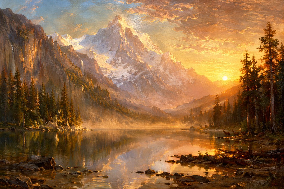 文化IP GPT Image 2 提示词：日落高山湖泊油画