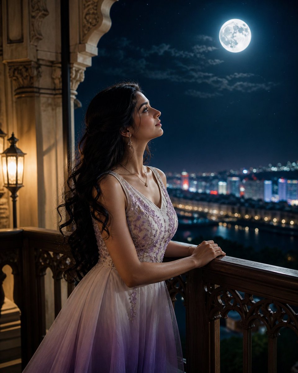 人像修图 GPT Image 2 提示词：Moonlit Indian Woman Balcony Portrait