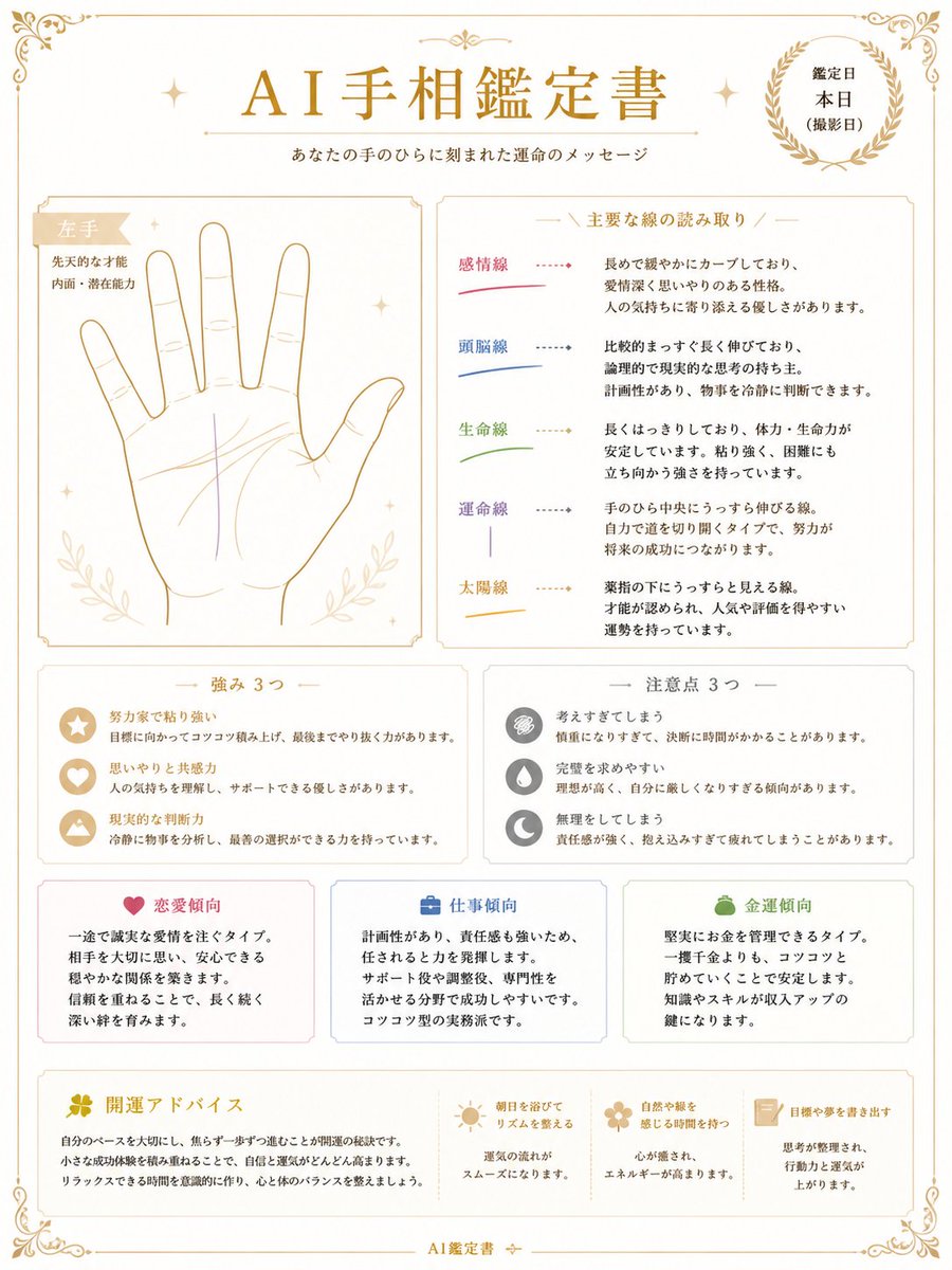 内容创作 GPT Image 2 提示词：日式 AI 手相鉴定证书