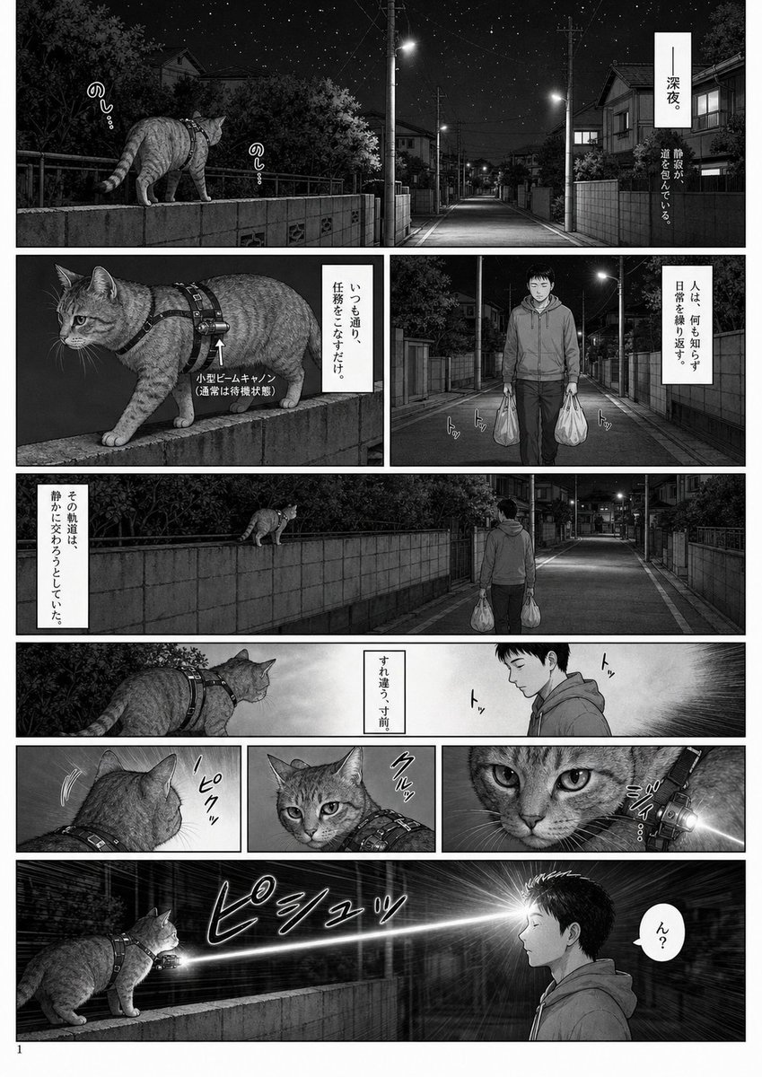 建筑空间 GPT Image 2 提示词：午夜激光猫漫画页面