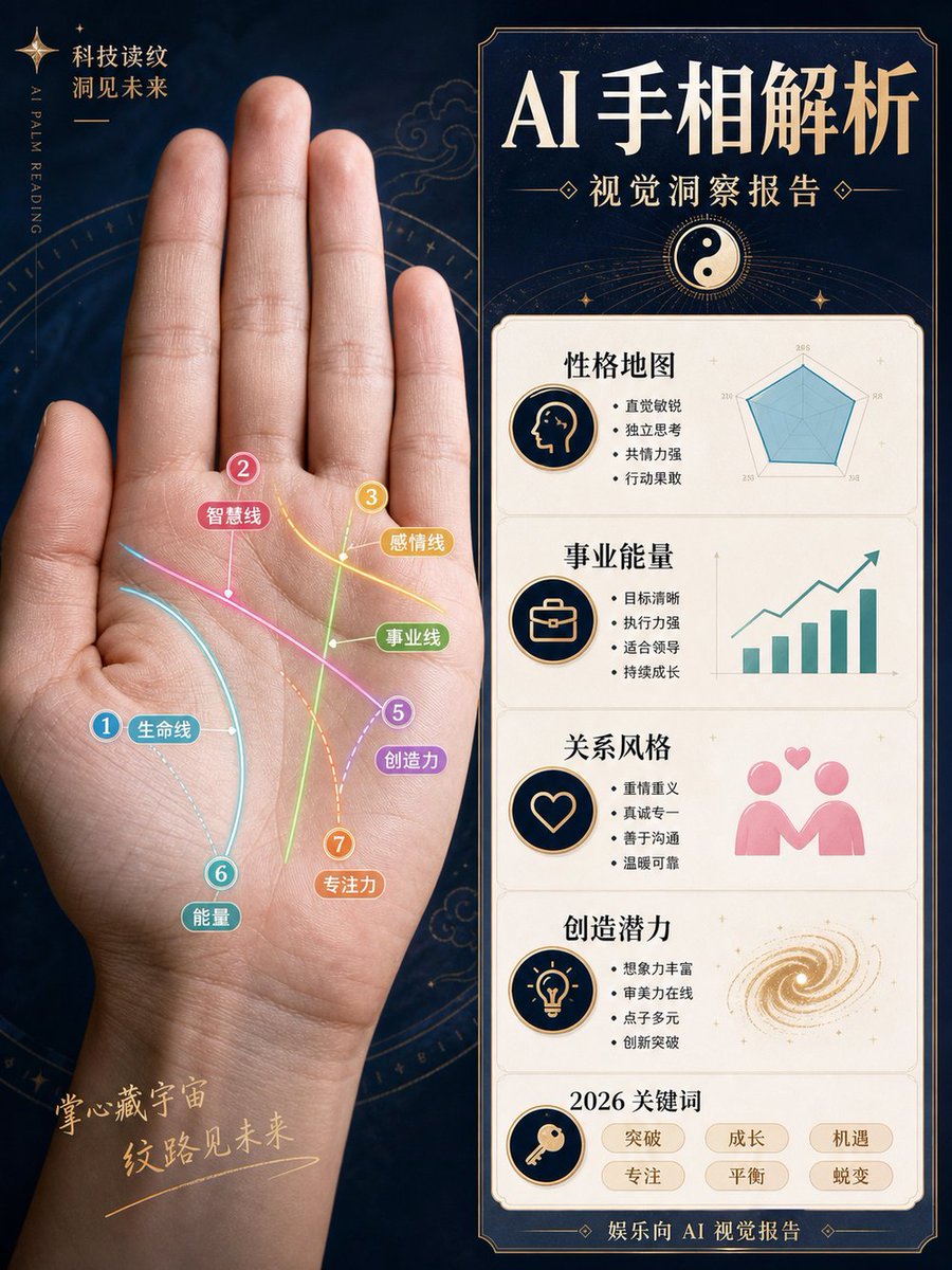 内容创作 GPT Image 2 提示词：AI 手相分析报告海报