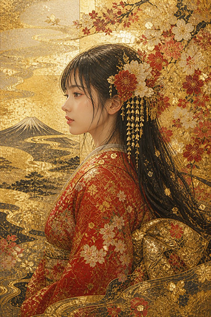 人像修图 GPT Image 2 提示词：切金工艺金箔和服肖像