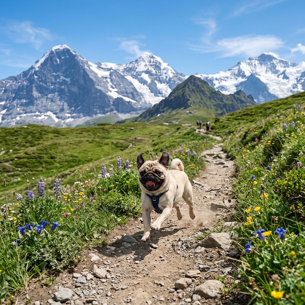 界面稿 GPT Image 2 提示词：Pug Running on Alpine Trail