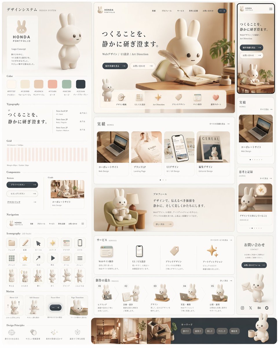 产品视觉 GPT Image 2 提示词：Rabbit Portfolio Design System Board