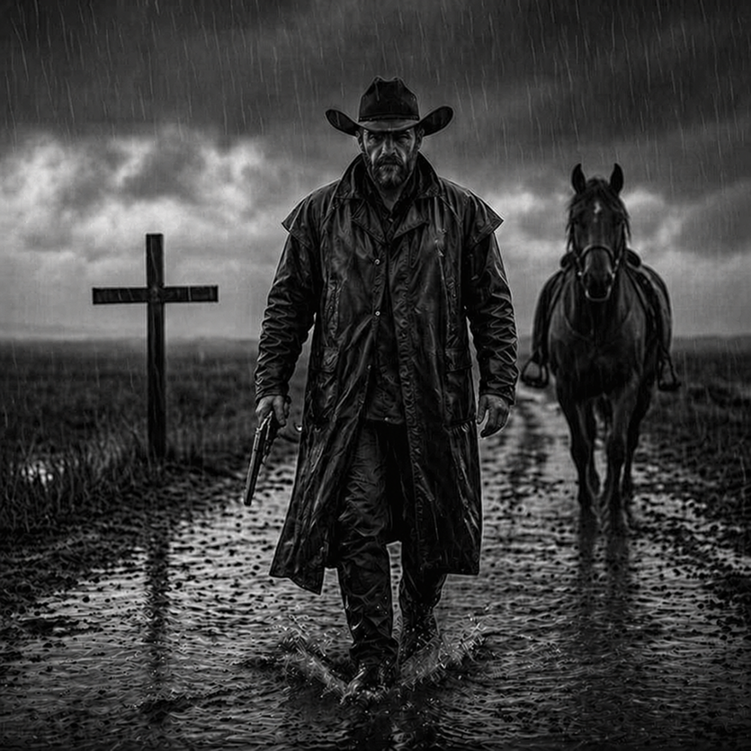 产品视觉 GPT Image 2 提示词：Rain-Soaked Dark Western Gunslinger