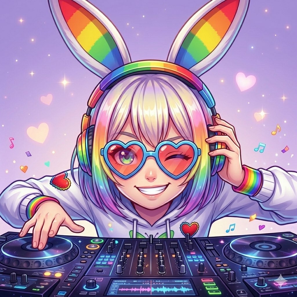 角色设定 GPT Image 2 提示词：Rainbow Bunny DJ Anime Portrait