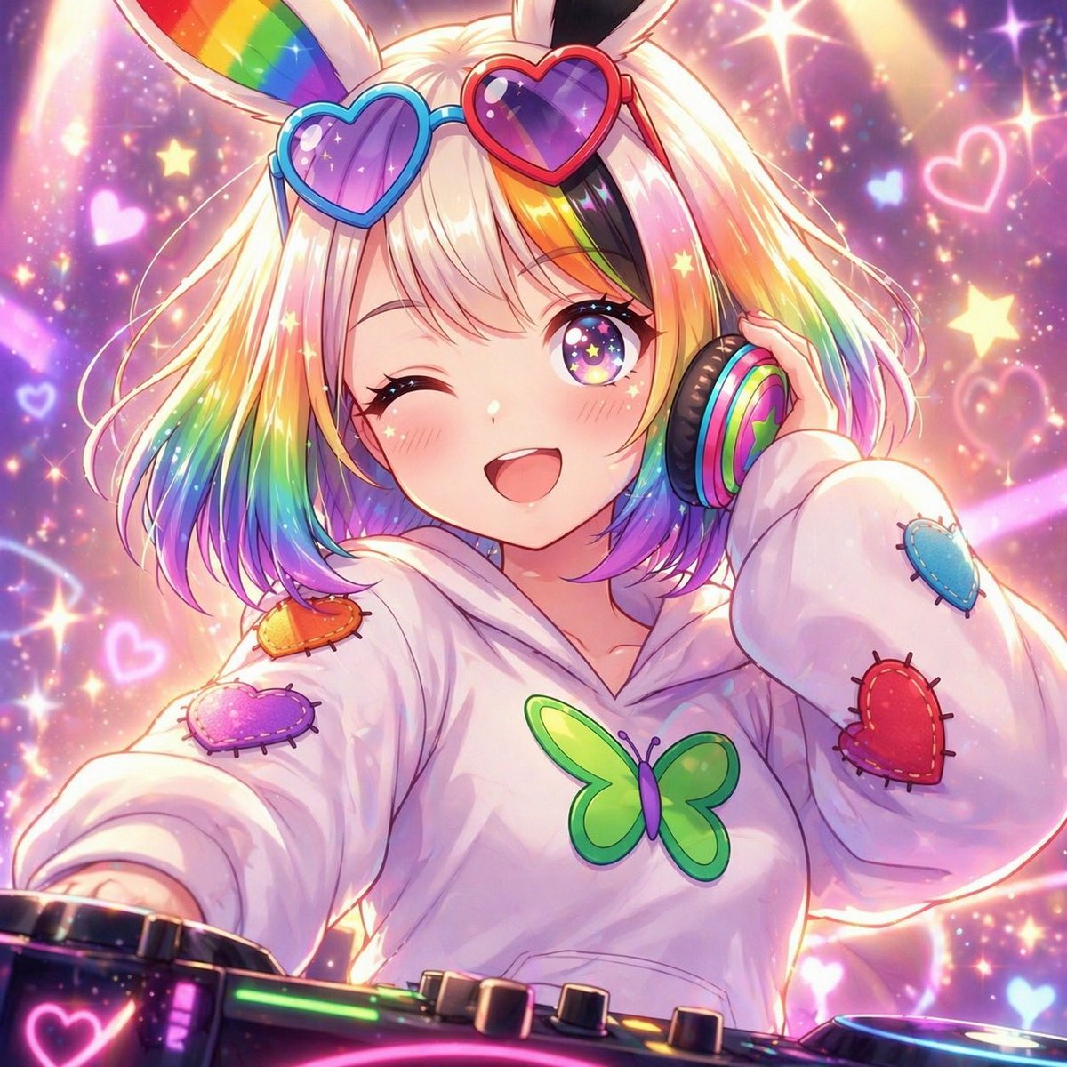 角色设定 GPT Image 2 提示词：Rainbow Bunny DJ Anime Portrait