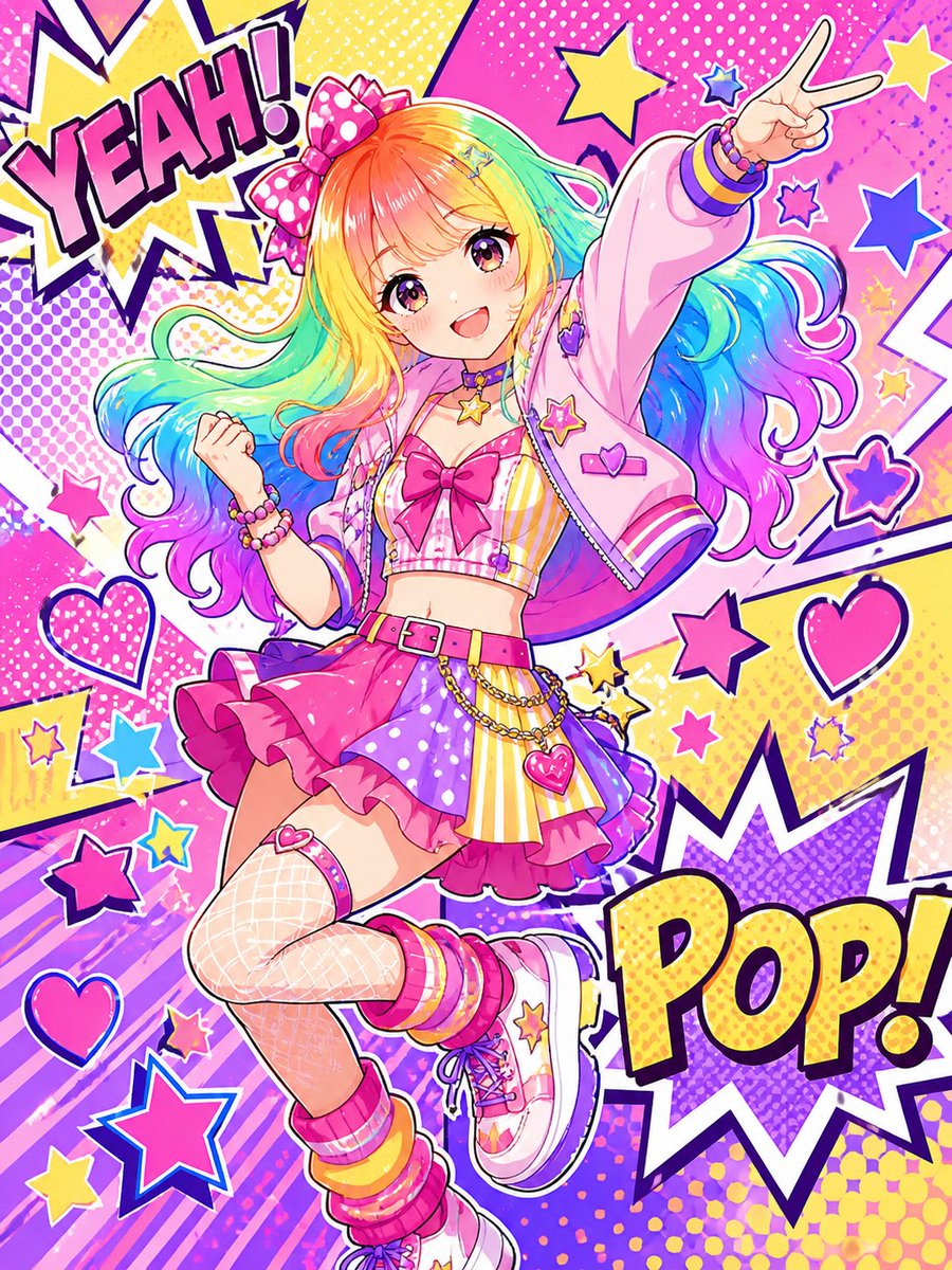 角色设定 GPT Image 2 提示词：Rainbow Pop Idol Manga Transformation