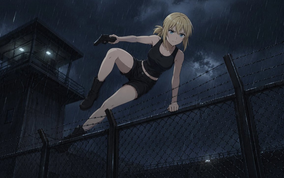 角色设定 GPT Image 2 提示词：Rainy Anime Fence Escape