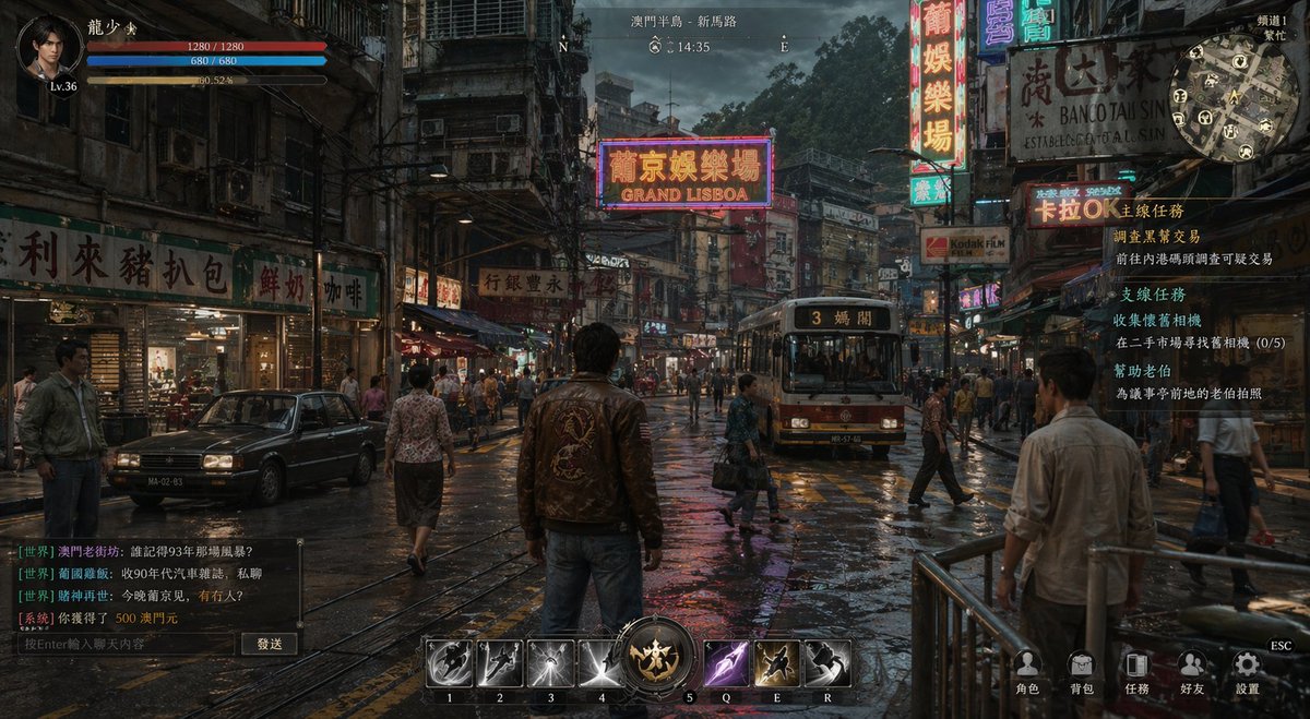 信息图 GPT Image 2 提示词：Rainy Neon Macau RPG Screenshot