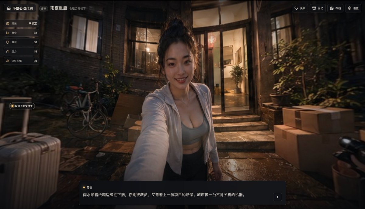 界面稿 GPT Image 2 提示词：Rainy Night Visual Novel Game Screen