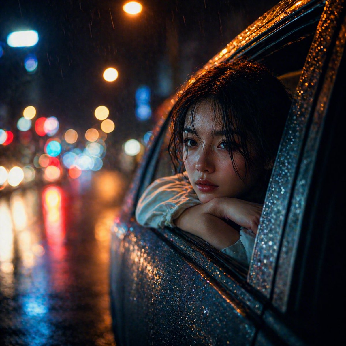 产品视觉 GPT Image 2 提示词：Rainy Night Woman Leaning from Car