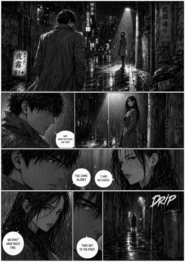 产品视觉 GPT Image 2 提示词：Rainy Noir Manga Alley Page