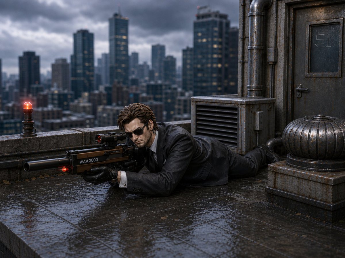 界面稿 GPT Image 2 提示词：Rainy Rooftop Sniper Diorama
