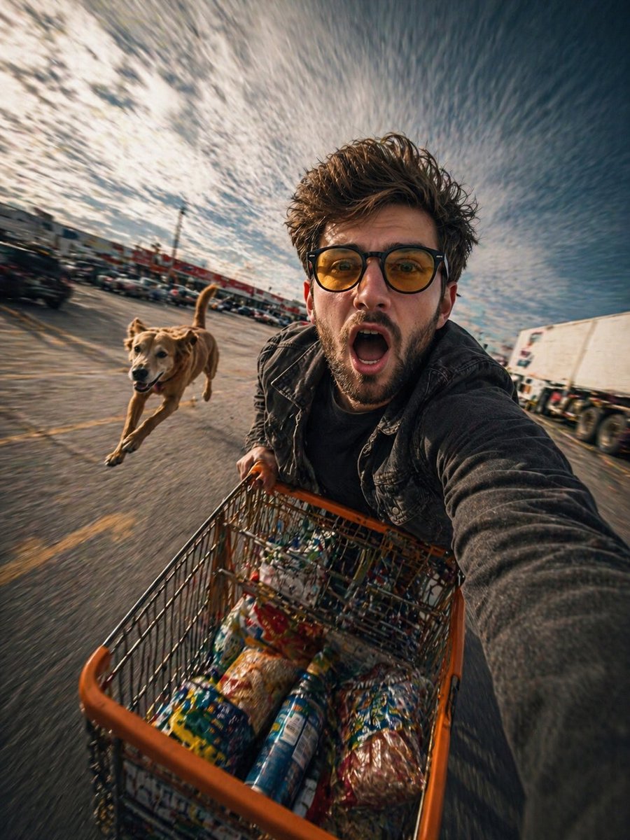 界面稿 GPT Image 2 提示词：Realistic Action Selfie with Shopping Cart