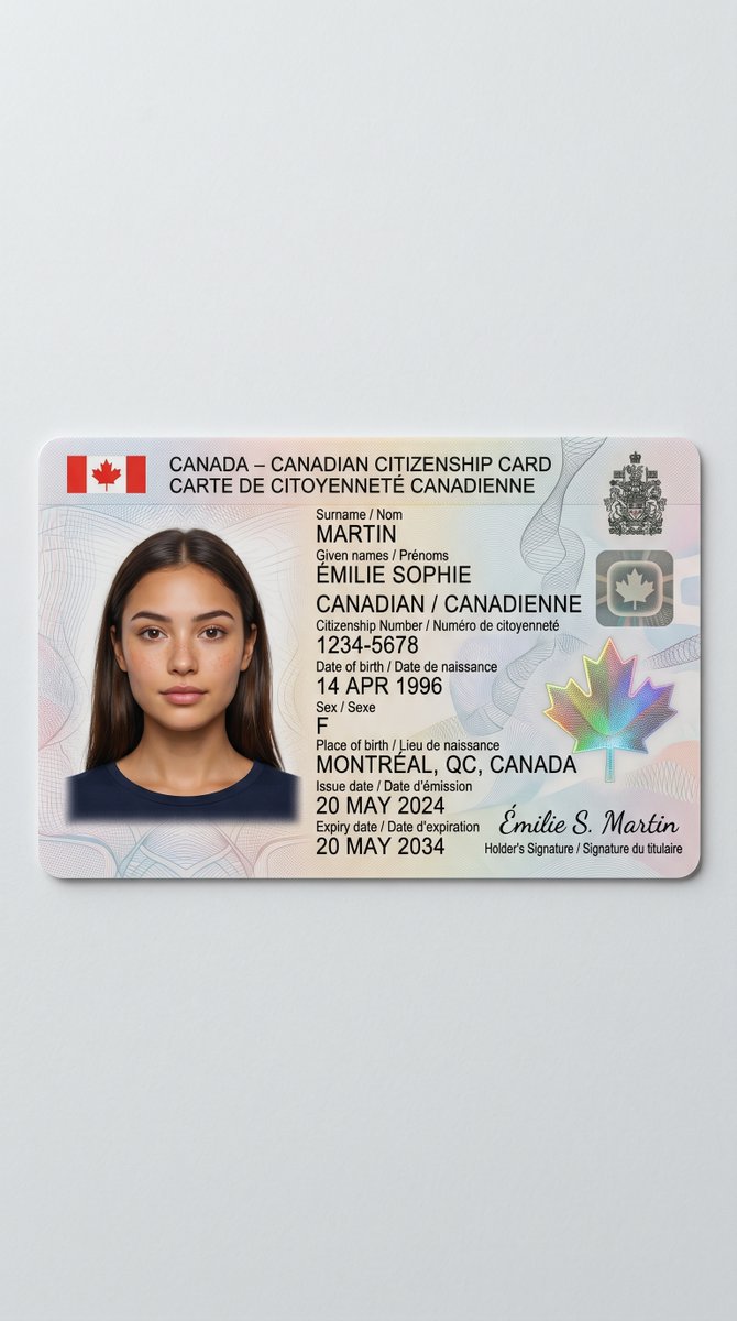 产品视觉 GPT Image 2 提示词：Realistic Canadian Citizenship Card