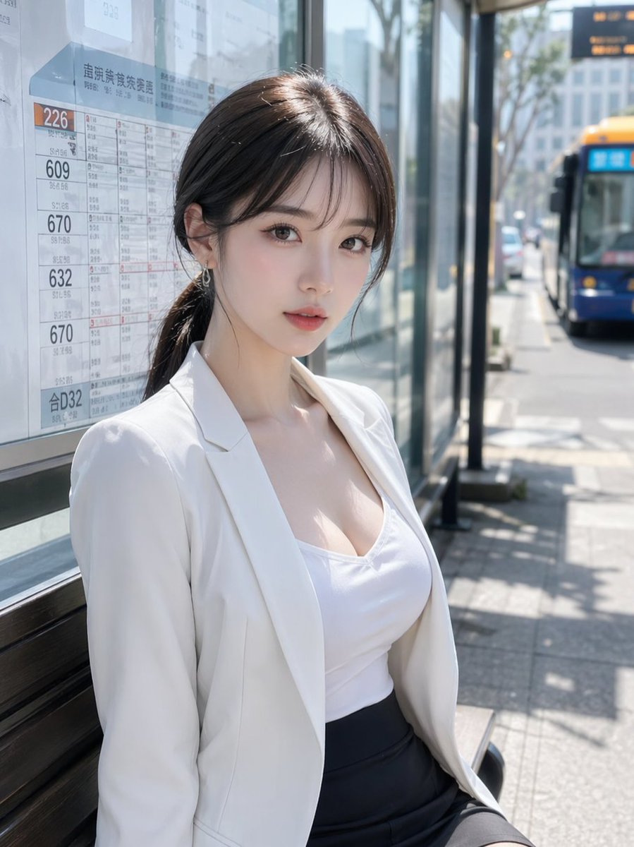 界面稿 GPT Image 2 提示词：Realistic Woman at Japanese Bus Stop