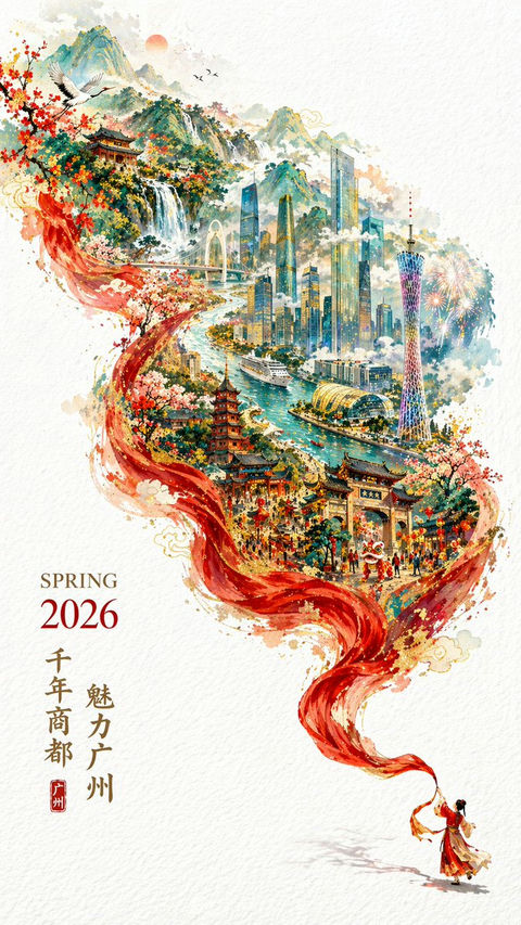 产品视觉 GPT Image 2 提示词：红绸幻化壮阔国潮羊城