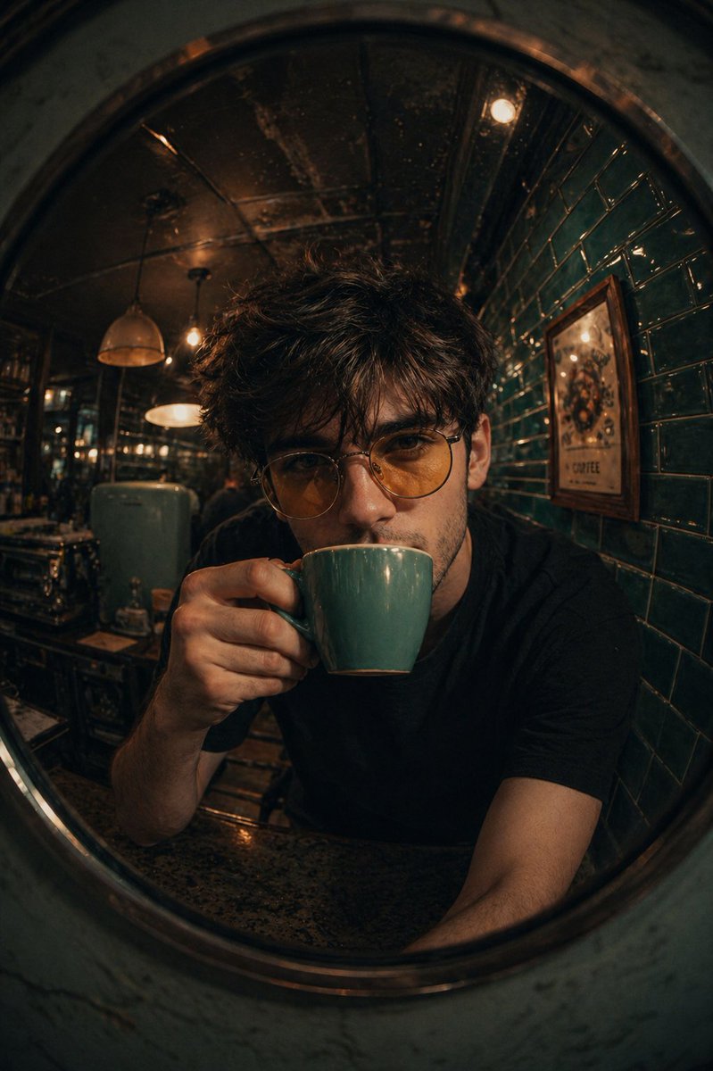界面稿 GPT Image 2 提示词：Retro Café Fish-eye Lens Portrait