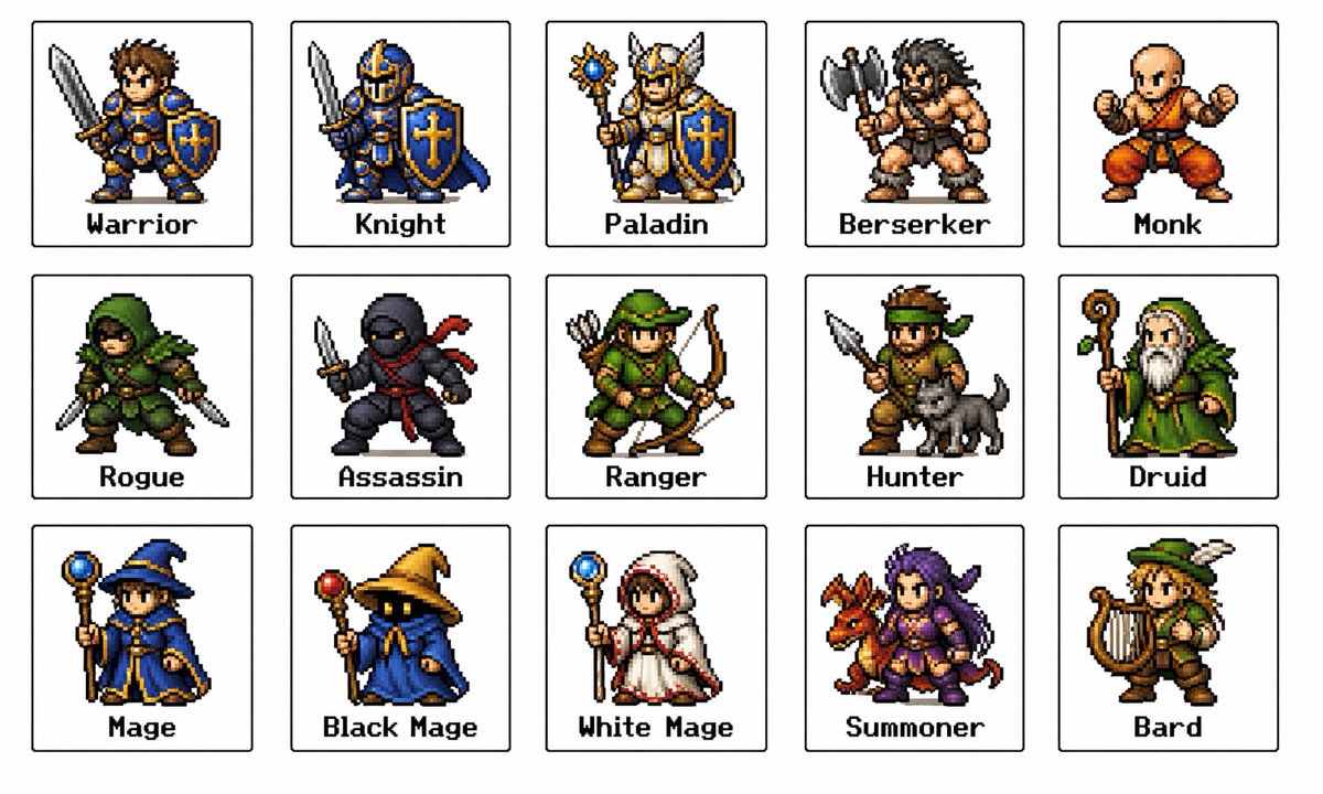 产品视觉 GPT Image 2 提示词：Retro Fantasy Class Sprite Grid