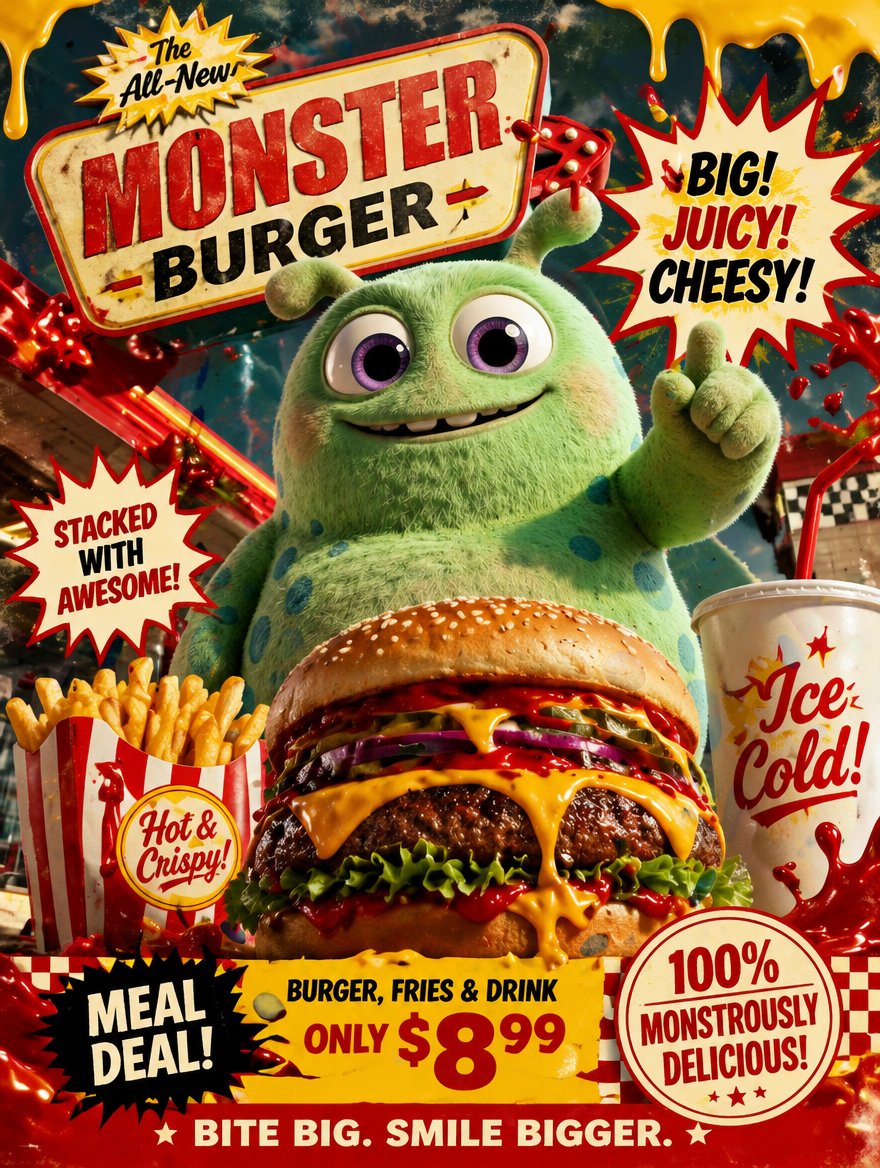 产品视觉 GPT Image 2 提示词：Retro Fast Food Poster Ad