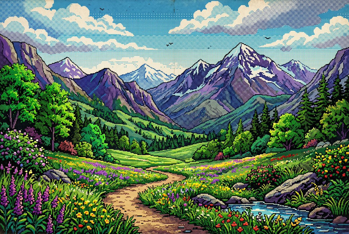 产品视觉 GPT Image 2 提示词：Retro Pixel Mountain Valley