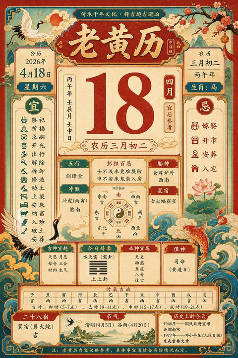 创意灵感 GPT Image 2 提示词：复古传统老黄历二零二六年四月十八