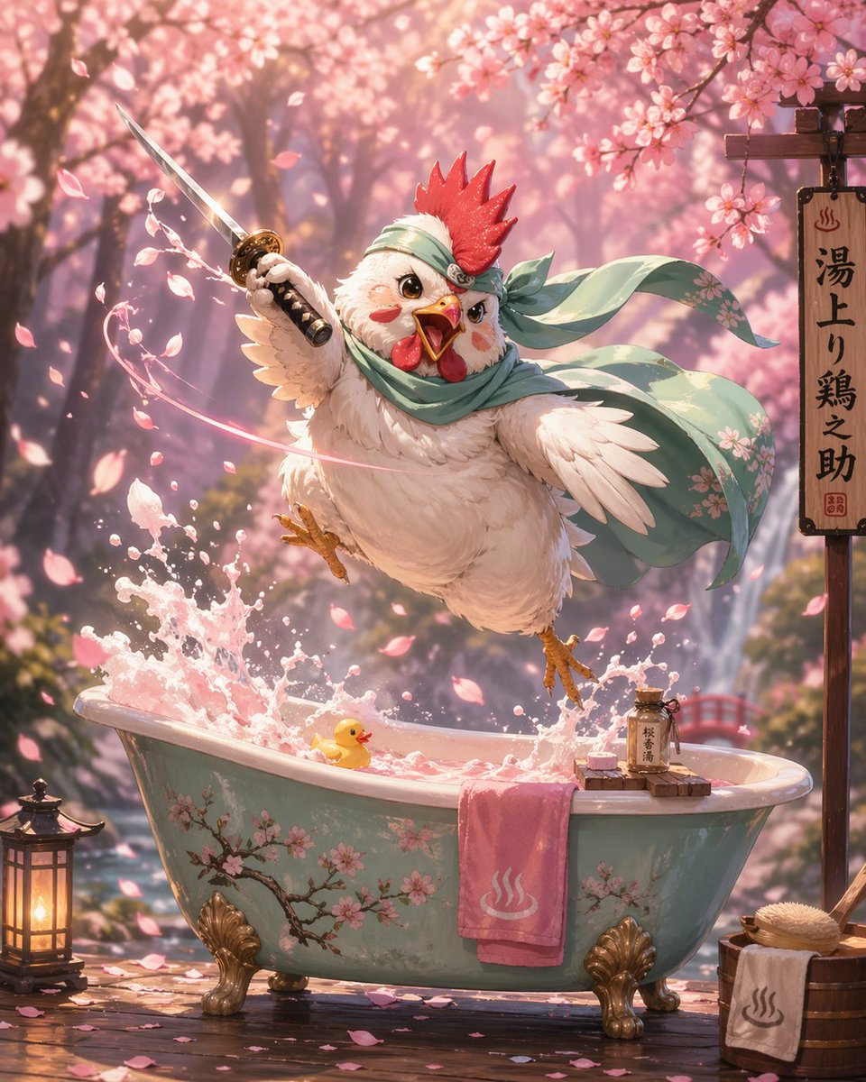 角色设定 GPT Image 2 提示词：Samurai Chicken Bathtime Portrait