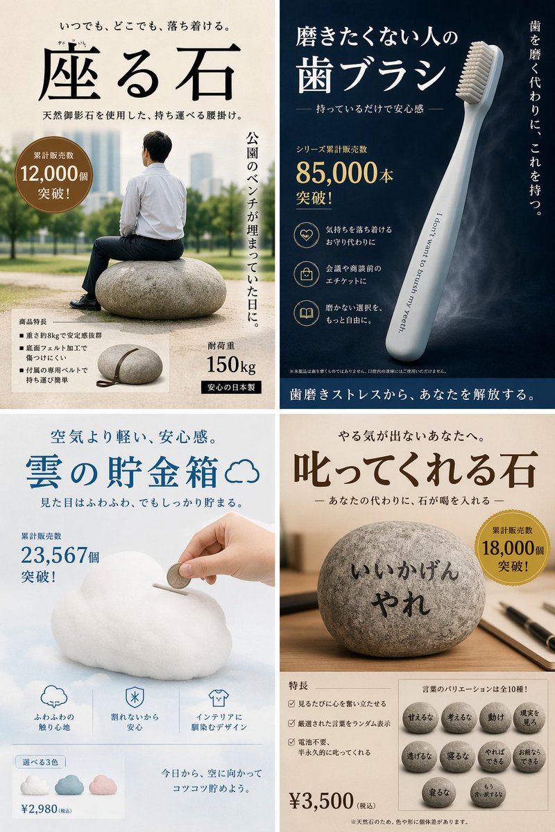 产品视觉 GPT Image 2 提示词：Satirical 4-Panel Product Ads