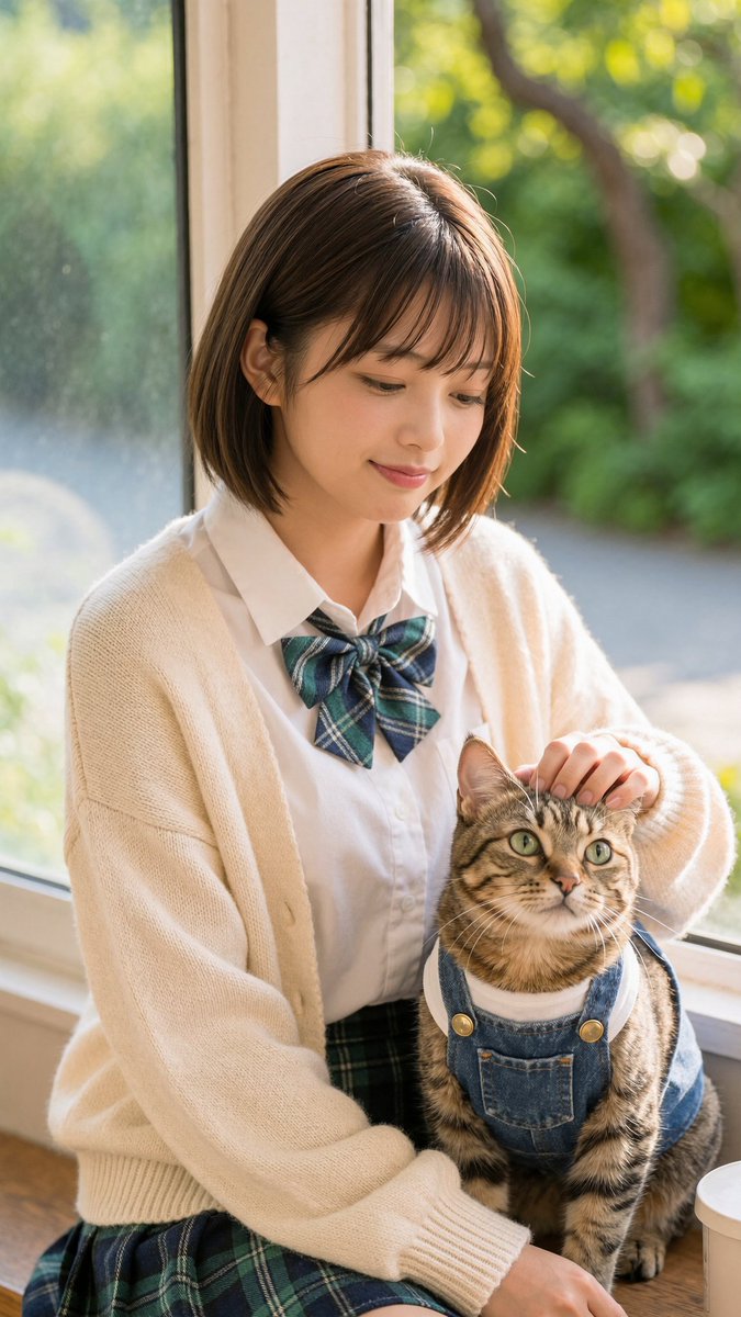 角色设定 GPT Image 2 提示词：Schoolgirl With Cat by Sunlit Window