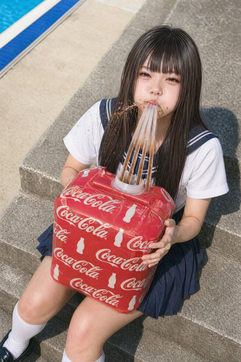 产品视觉 GPT Image 2 提示词：Schoolgirl With Giant Soda Cube