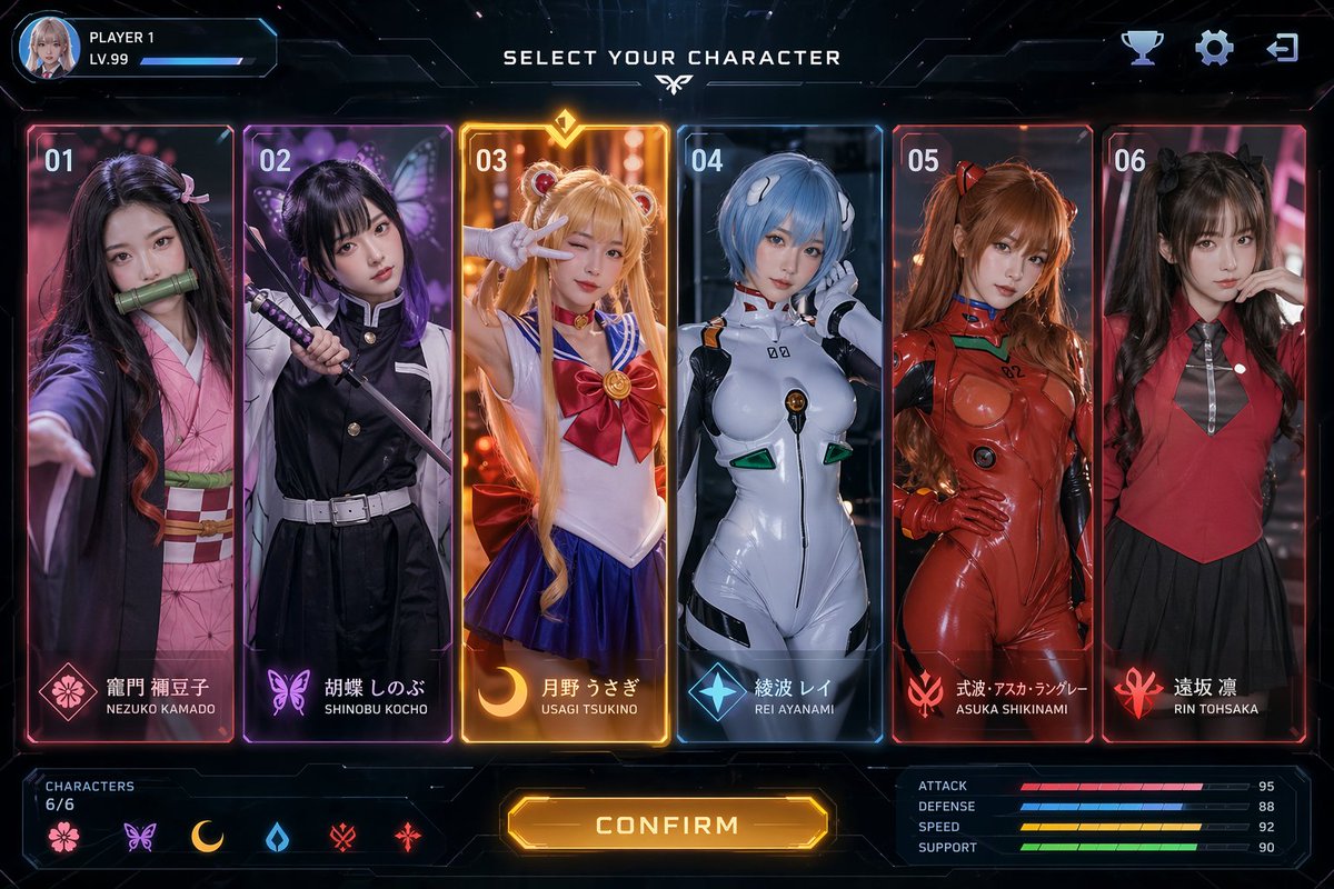 界面稿 GPT Image 2 提示词：Sci-Fi Anime Character Select UI