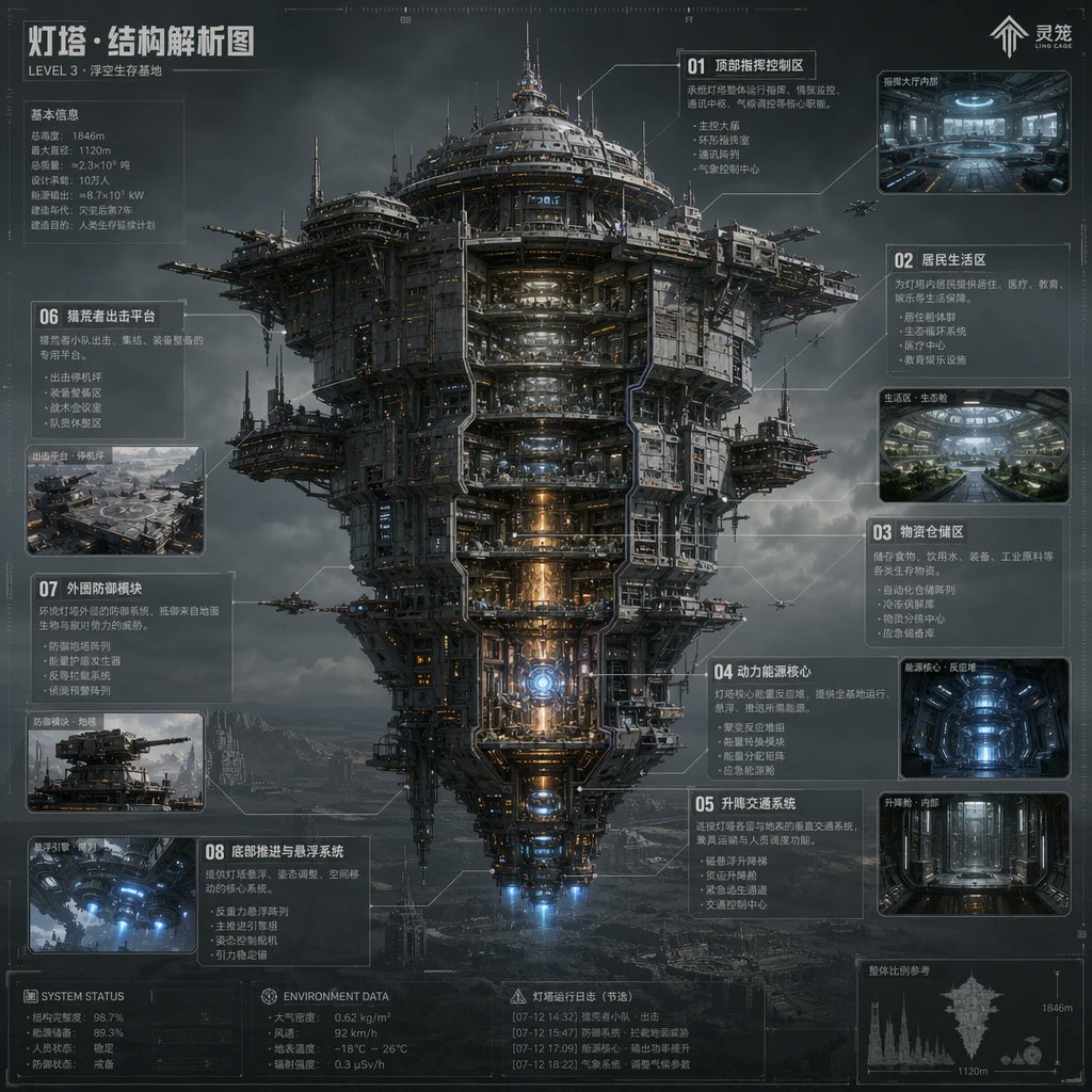 产品视觉 GPT Image 2 提示词：Sci-Fi Lighthouse Structure Diagram