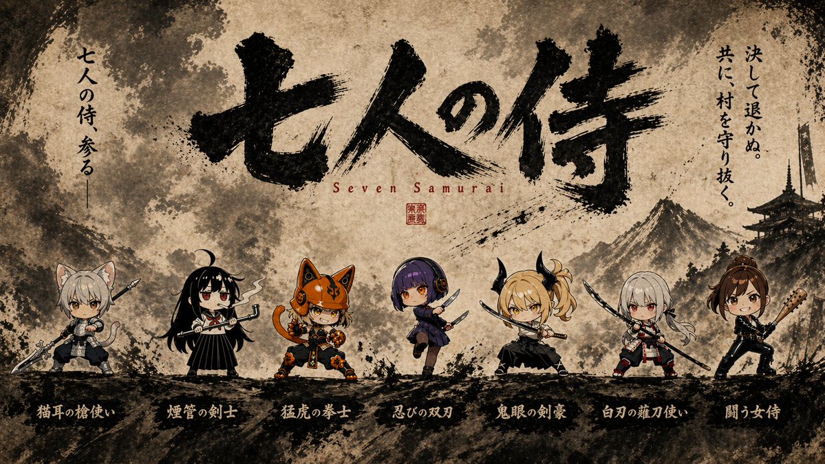 产品视觉 GPT Image 2 提示词：Seven Chibi Samurai Ink Poster