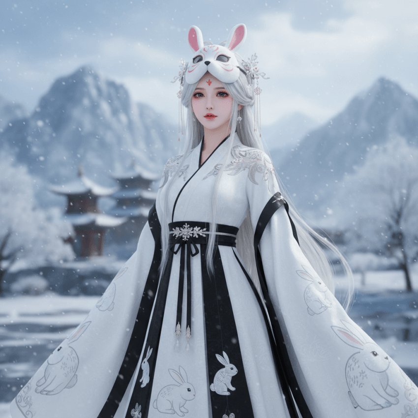 界面稿 GPT Image 2 提示词：Snow Rabbit Mask Hanfu Portrait